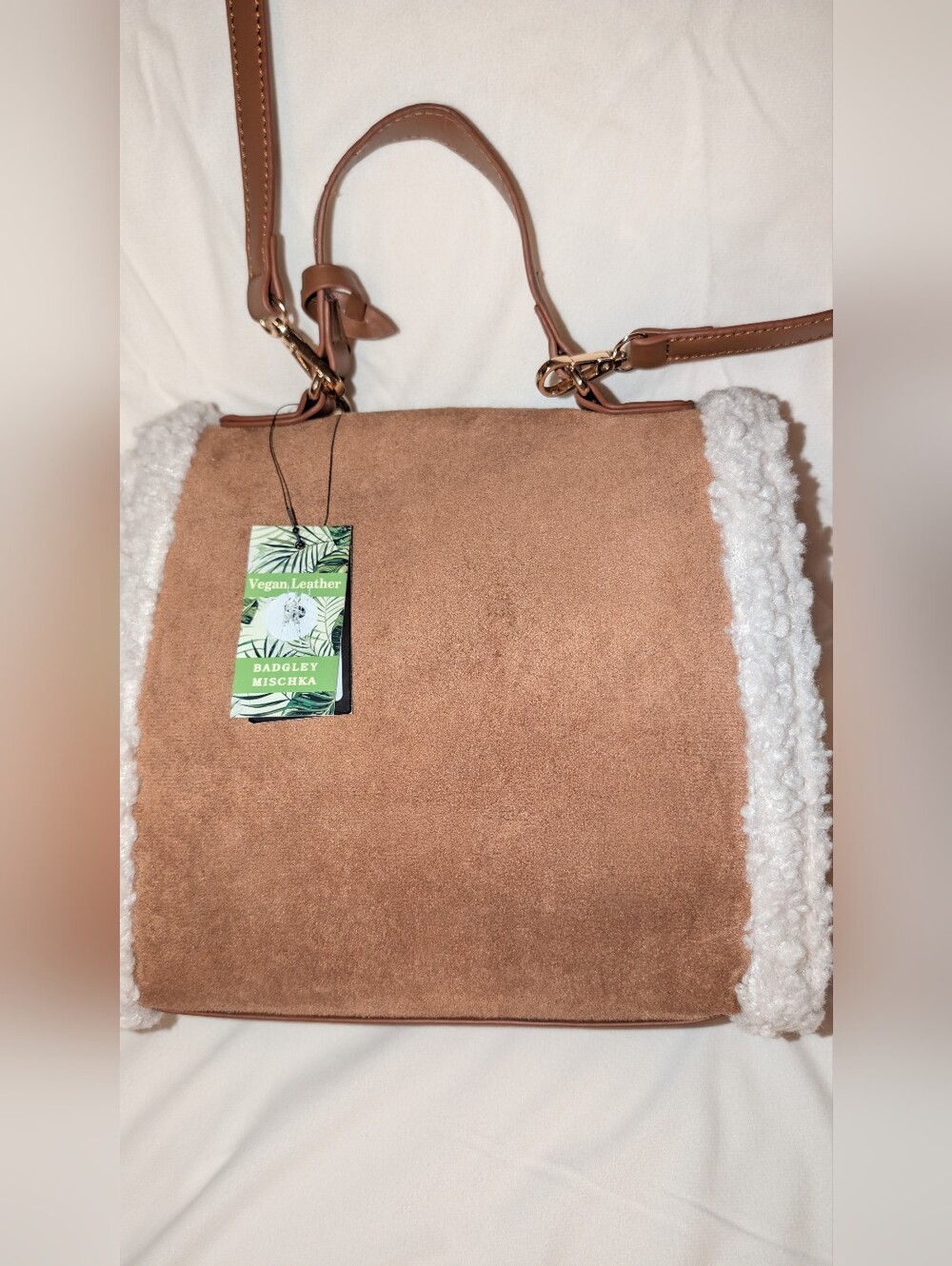 Badgley Mischka Vegan Leather Satchel Handbag Fur Border Brown NWT - Picture 9 of 10